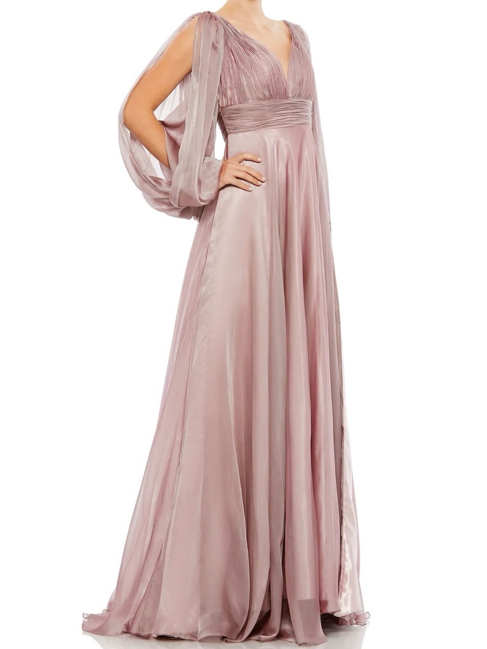Elegant Blush Pink Evening Gown with Draped Sleeves